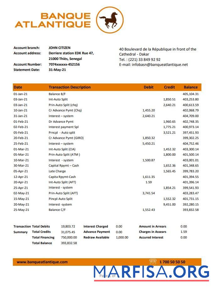 Realistic Senegal Banque Atlantique bank statement excel template